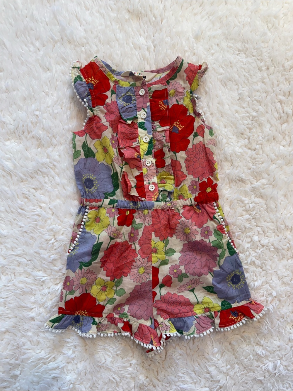Mini Boden Button Through Ruffle Playsuit-Multi Summer Garden
